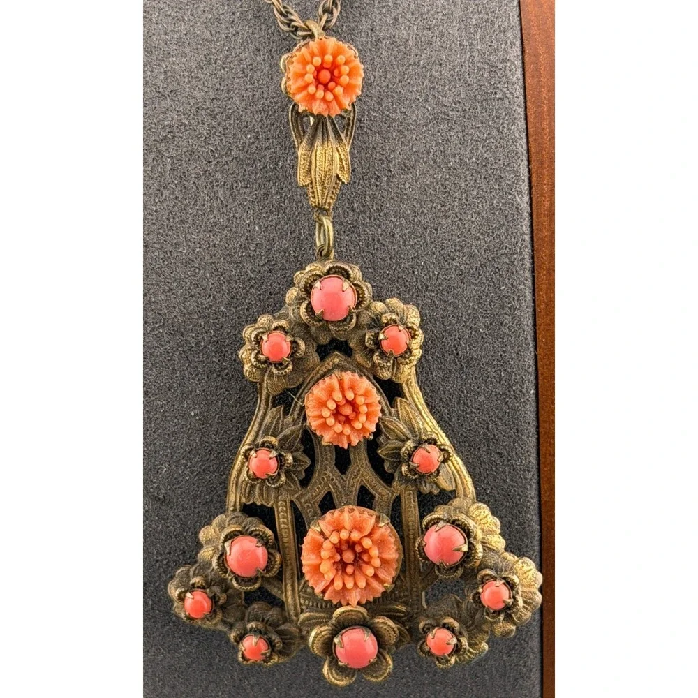 Vintage Czech Style Necklace Brass Filigree Pendant Orange Beads Carved Flowers